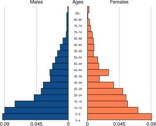 Figure 5: Population pyramids for the sub-national areas with the biggest movements to the right (+6): Duarte and Peravia and San José de Ocoa [Province: Dominican Republic] in 1981 and 2002.