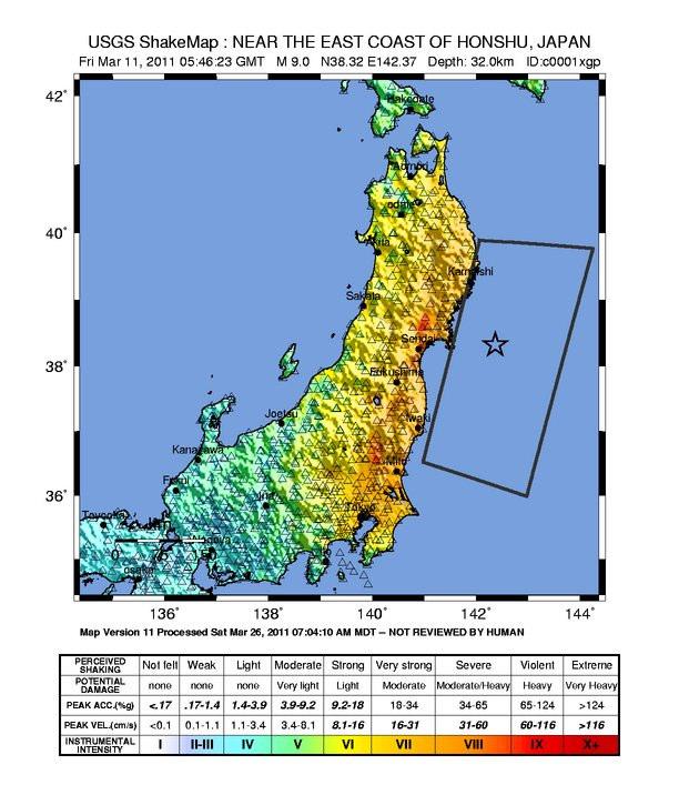 Figure 7- Shake Map and Aftershock Pattern for March 2011