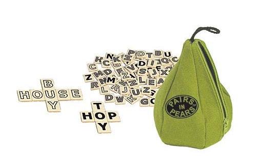 Pairs in Pears Complete with capital letter tiles featuring various designs (dots, lines, blank and solid), this game comes packaged in a zip-open, pearshaped pouch with a hanging rope (stem) at