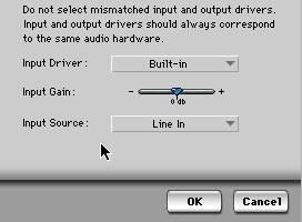First I go to the Basics menu choose Configure Audio System>Configure Hardware Driver Then I need to tell Performer to listen to its line input rather than the built in microphone or CD drive.