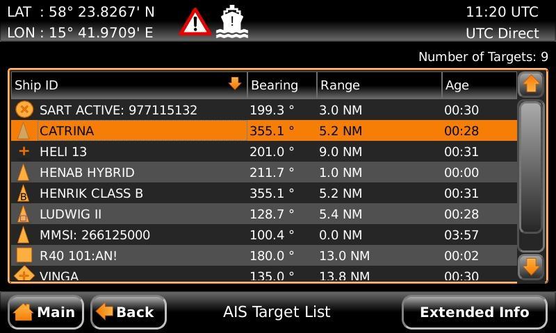 The Target List view displays a list of all AIS targets received on the VHF link.