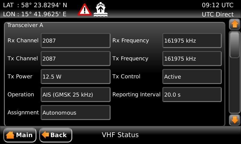 This information is useful when troubleshooting to make sure that the R5 SUPREME Transponder uses the expected VHF radio settings. If e.g. a regional area is set and in use, this will affect the information shown in the VHF Status view.