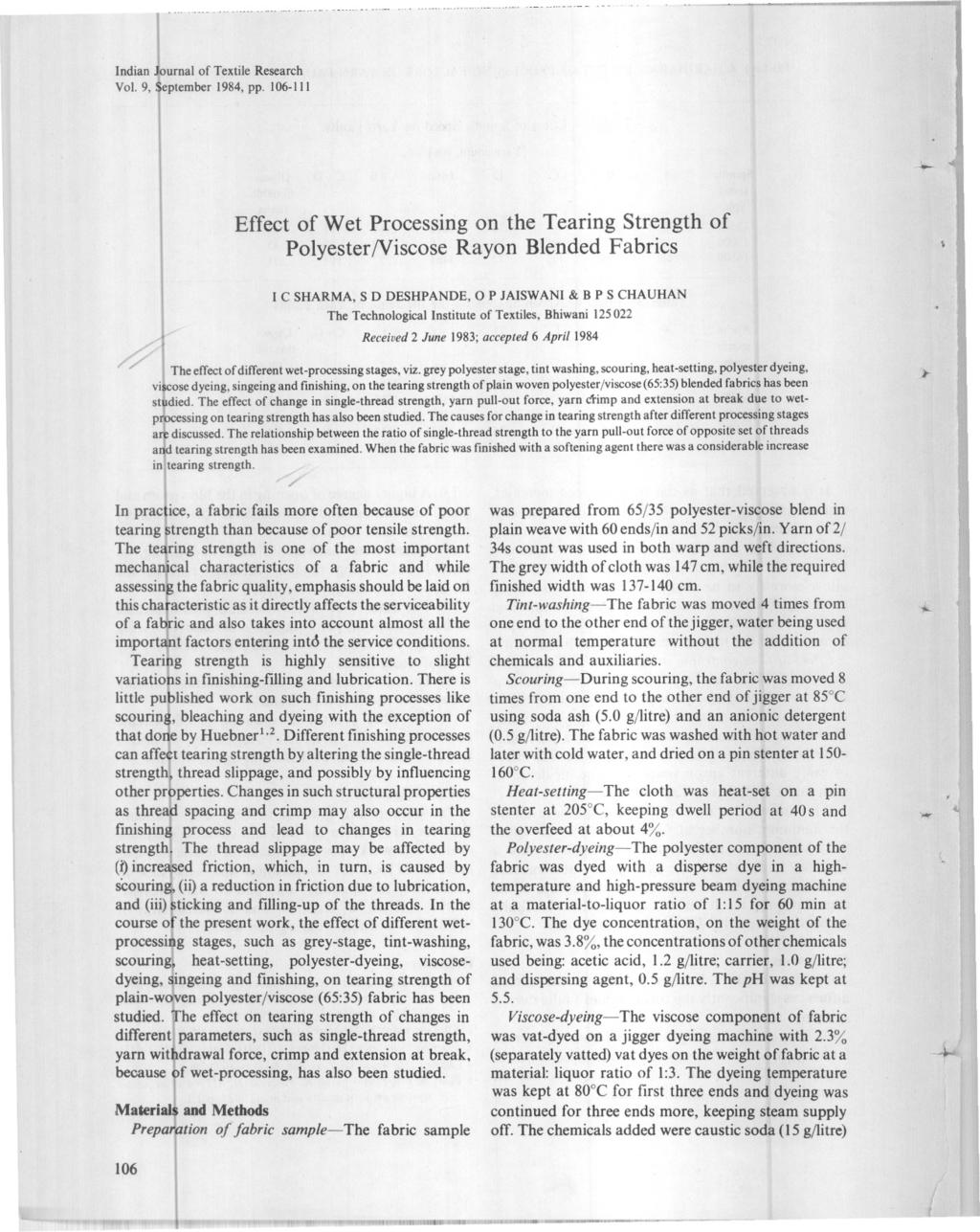 r - - -- --..n - Indian Journal of Textile Research Vol. 9, September 1984, pp. 106-111 _n.