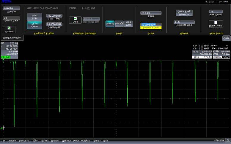 Change the vertical scale from 20 db/division to 10 db/division using the Scale field on the spectrum analyzer dialog box. Touch or click on the field to change it using the WavePilot SuperKnob.