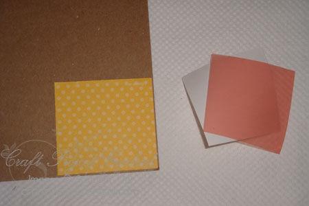 Do the same with a 2-½ x 2-½ square of Daffodil Delight dot pattern DSP. Now adhere these onto a cardboard, so they'll be durable as magnets.