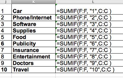 formula in L1 that uses the SUMIF command that looks in column F