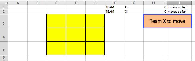 If we compare I1 with I2, that should tell us whether team X moves or team O moves. We will assume that Team X goes first, so this formula placed into H3 should do it.
