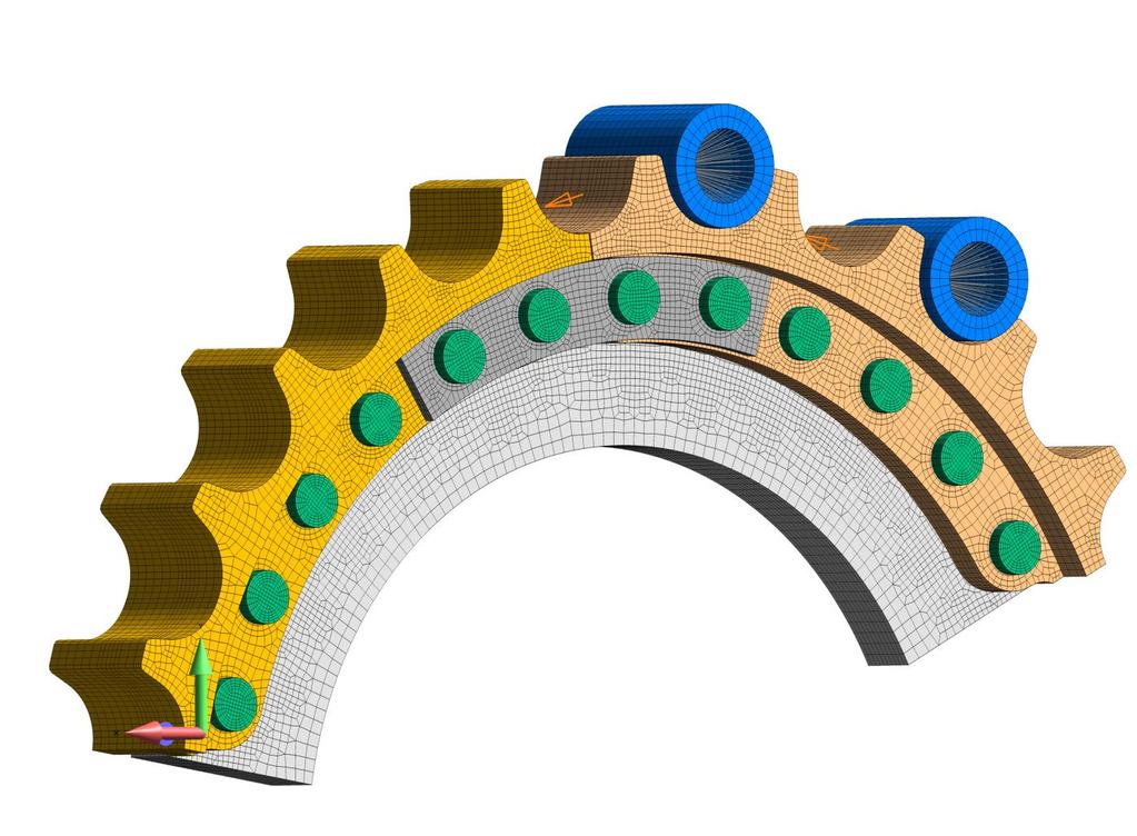 Figure 2: FEA model of the hub, sprocket and bolts. The analysis sequence consisted of applying a preload to the bolts and then ramping up the chain load (arrows).