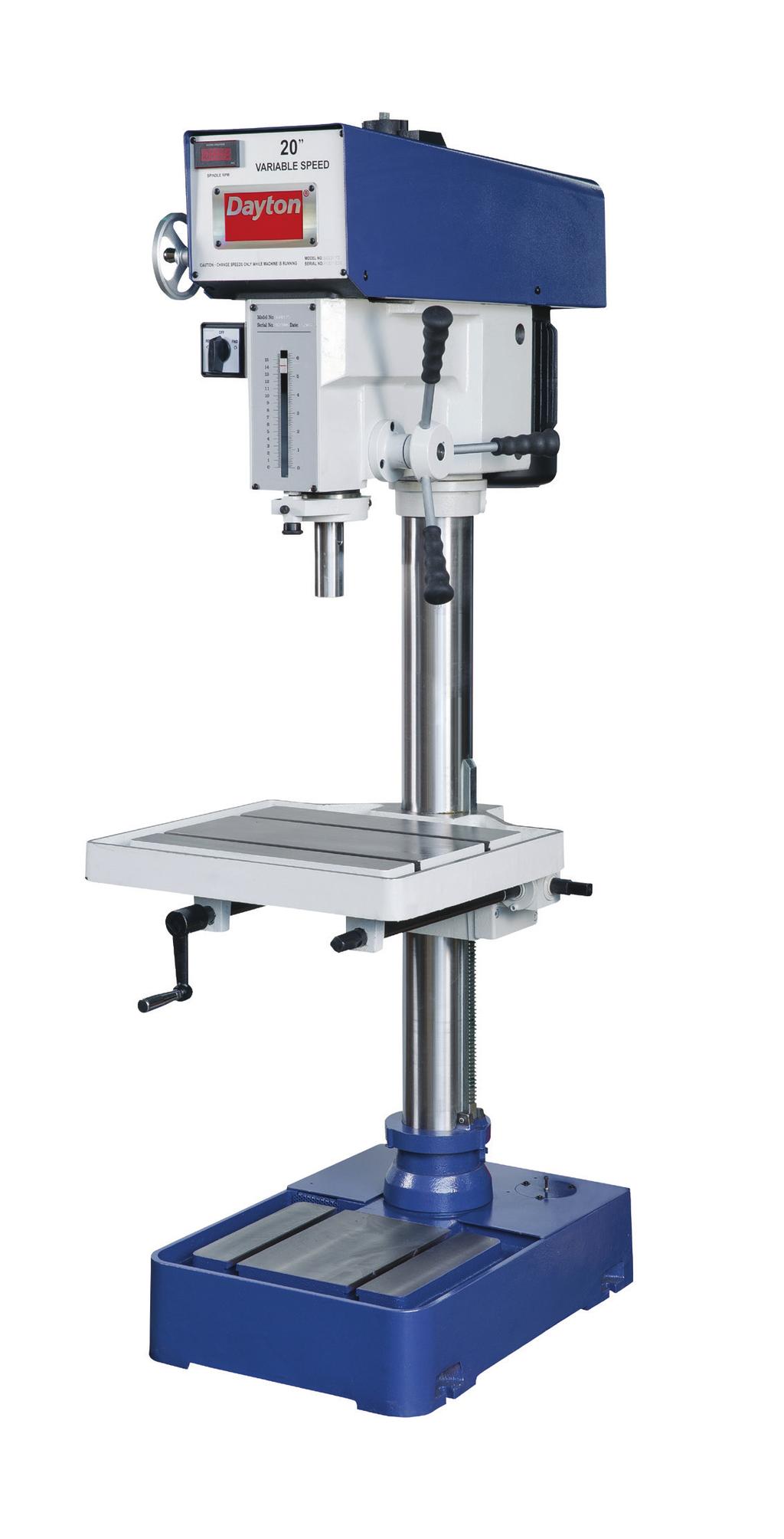 20" VARIABLE SPEED DRILL PRESS With the Dayton 20" variable speed drill press you can dial the best rpm for the tool and material while the job is running.