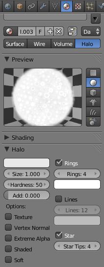 Now go to the Materials buttons and Add a new material. Press the Halo button. Here, you will see some Halo settings. Adjust the Halo Size (try 1.