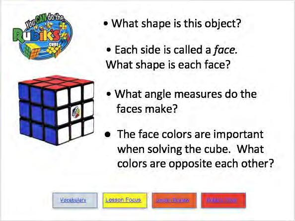 The questions on these slides are meant to focus students on the characteristics of the Rubik s Cube. Depending on the grade level of your students, these questions may or may not be appropriate.