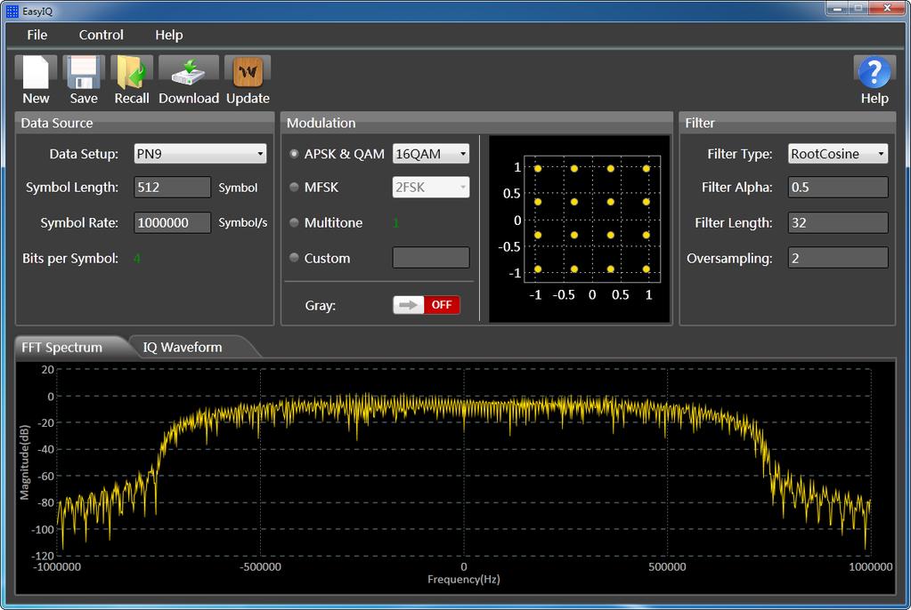 Introduction of EasyIQ The IQ waveform editing software EasyIQ supports generating IQ data with 2ASK, 4ASK, 8ASK, BPSK, QPSK, 8PSK, DBPSK, DQPSK, D8PSK, 8QAM, 16QAM,