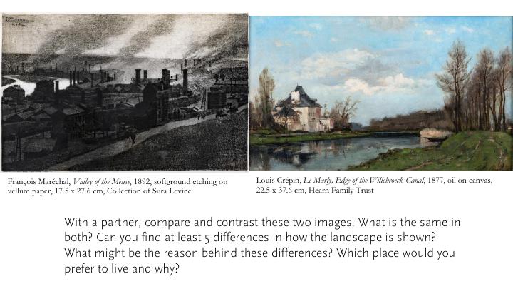 Make sure students discuss why the work on the left looks so dark. Why might the artist have chosen to make it look like that? See what buildings they can identify.