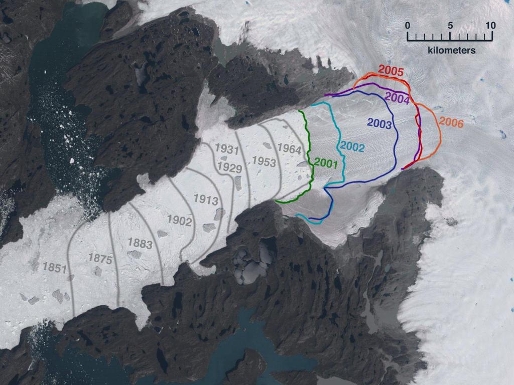 RS Test Images Figure 1: The Jakobshavn Glacier is in western Greenland and drains the central ice sheet. The glacier flows from upper right to lower left.