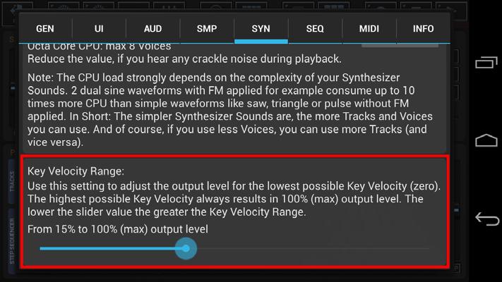8.1.6 Key Velocity Range Use this setting to adjust the output level for the lowest possible Key Velocity (zero). The highest possible Key Velocity (127) always results in 100% (max) output level.