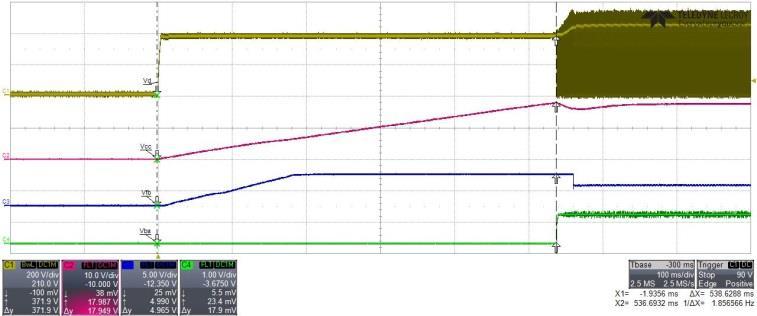 1 Startup at low/high AC line input voltage with maximum load C1 (Yellow) : Drain voltage (V D) C2 (Purple) : Supply voltage (V VCC) C2 (Blue)