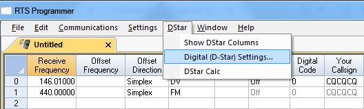 It is here in the Programmer that the D-STAR specifics for each channel are entered. The D-STAR columns become active once Operating Mode is set to DV.
