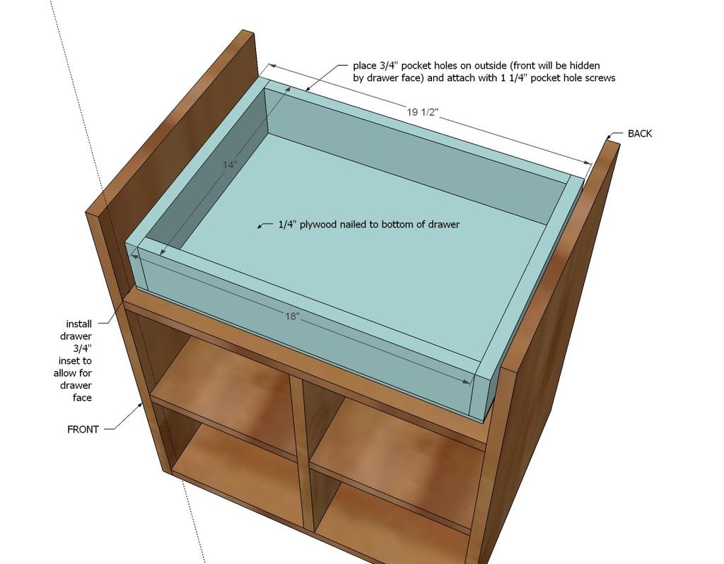 [22] Build the drawer box to fit your opening and drawer slides - remember you'll need to leave 3/4" at the front for the