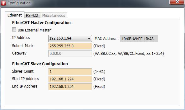 1 When Ethernet communication is used, IP Address information of My PC (EtherCAT Master Configuration) and Drive (EtherCAT Slave Configuration) is automatically displayed.