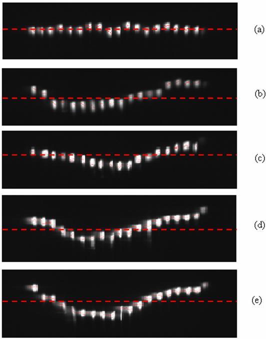 pretty uniform. Figure 4 to (e) shows the spatial spectral images of the laser array samples with broadened spectra shown in Figure 3 to (d), respectively.