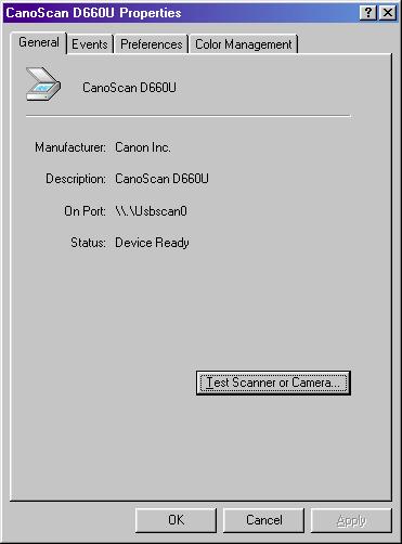 chapter 6 Preferences Settings General Settings The General sheet provides details the name of the connected scanner, its current status, and a button for diagnostic testing.