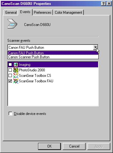 chapter 6 Preferences Settings Events Settings The Event sheet allows you to select the software application that you want to start when you press the Start button on the scanner.