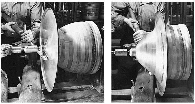 Spinning Figure 17-35 (Below) Two stages in the spinning of a metal reflector.