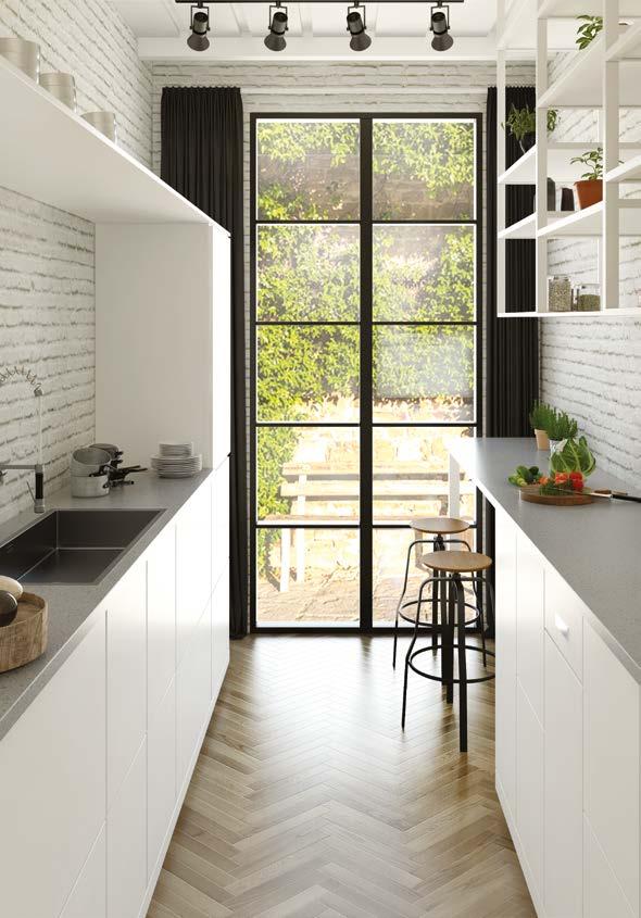 AOVE: Inner Urban Style kitchen features the benchtop in essastone Flint Igneous