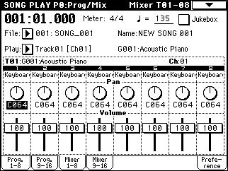 0 3: Mixer 1 8 (Mixer T01 08) 0 4: Mixer 9 16 (Mixer T09 16) Set the pan and volume for each track (channel). 0 1a.