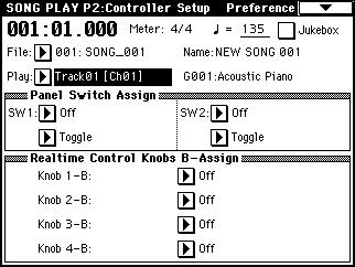 Song Play P2: Controller Setup 2 1: Page Menu Command Specify the functions that the [SW1] key, [SW2] key, and the B-mode functions of the REALTIME CONTROL knobs [1] [4] will have in Song Play mode.