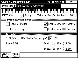 5 1: Page Menu Command 5 1A 5 1B 5 1C 5 1D 5 2: Voice/Mixer For each key of a drum kit, you can set voice assign, pan, and effect routing etc.