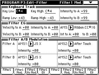3 2: Filter1 Mod. These settings let you apply modulation to the cutoff frequency ( Frequency ) of filter 1 to modify the tone.