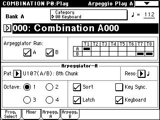 0 3: Arpegg. A (Arpeggio Play A) 0 4: Arpegg. B (Arpeggio Play B) Here you can make arpeggiator settings for the combination. A combination can run two arpeggiators simultaneously.