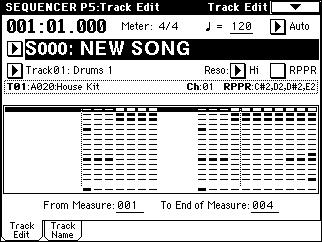 5 1: Track Edit Here you can edit the settings of the currently selected track and the musical data that has already been recorded, as well as perform step recording.