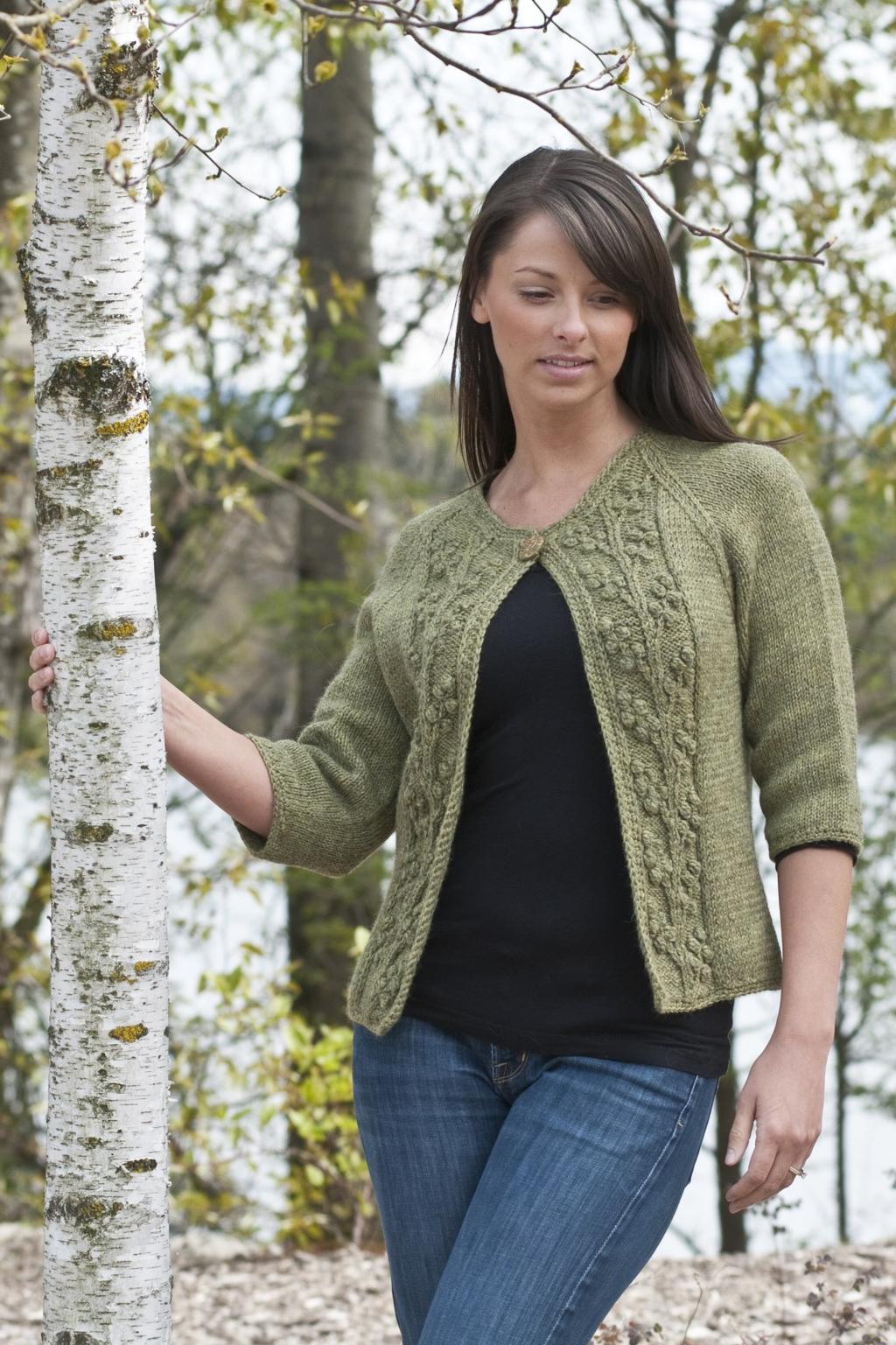 Alpaca Lana D Oro Bobble Vine Jacket Designed By Edie Eckman Skill Level: Intermediate Women's Sizes: S (M, L, XL, 2X)" Finished Measurements: Finished Chest: 36 (40, 44, 48, 52)" Finished Length: 21