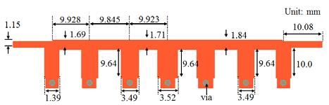Table 1: Microstrip design parameters of 7 th order stub bandpass filter λλ i WW ii (mm) ggii /4 WW ii,ii+1 λλ ggii,ii+1 / (mm) (mm) 4 (mm) 1 1.3918 1. 1.69 9.928 2 3.4926 9.64 1.846 9.845 3 3.4922 9.