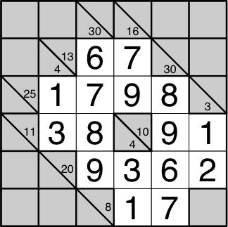 Some black cells contain a diagonal slash from upper-left to lower-right and a number in one or both halves, such that each horizontal entry has a number in the black half-cell to its immediate left