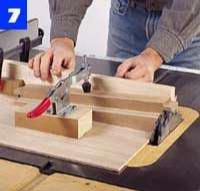 Then, use the miter gauge without the jig to make the angled cuts for the top and bottom shoulders of the side rails (Photo 8). Cut strips for the side and back slats.