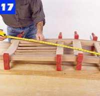Join the back rail and slats to the legs. Apply the glue sparingly, clamp, and check that the diagonals are equal.