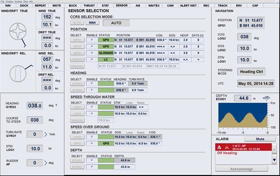 SYNAPSIS 14.4.4 Sensor Selection Page A sensor selection page has been designed and is used for Conning (Nav Data Display) and ECDIS (Route Monitoring) same way, see Figure 14-6 and Figure 14-7.