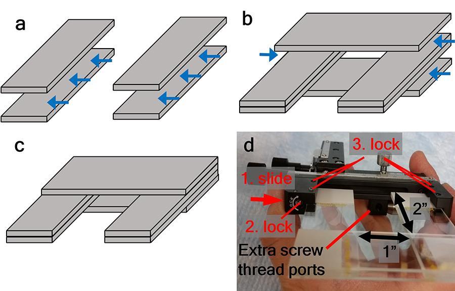 Supplementary Figure 10 Fabrication steps for microscope stage. (a) Two pairs of 1 x 3 glass slides are bonded to each other by applying superglue on the areas shown by blue arrows.