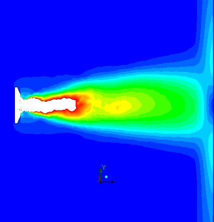 Fig. 14. Velocity contours in cross-section x=0 (air-assisted gun: shaping air flow 86 l/min, assist atomizing air flow 94 l/min). Left: Velocity contours (m/s) near nozzles Fig. 15.