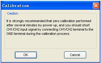 To do this and to avoid external interference, user should short-connect CH1/CH2 terminal to the ground (any GND terminal) during the calibration process.