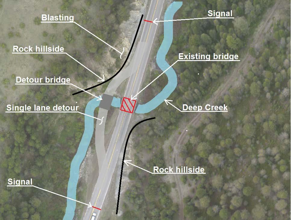 Initial Detour Challenges Roadway pressed between rock hillsides and creek No room