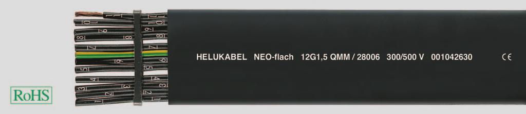NEO-Flat (N)GFLGÖU Special Neoprene-flat cable adapted to DIN VDE 0250 part 809 Temperature range flexing -30 C to +80 C fixed installation -0 C to +80 C Nominal voltage U0/U 300/500 V Test voltage