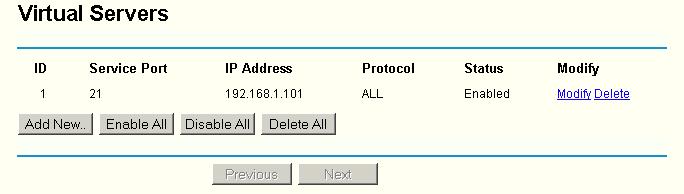 2.2.2 Setarea din Router a unui Service Port pentru computerul Dvs. Mergeti in meniul Virtual Servers sub meniul Forwarding si apasati butonul Add New.