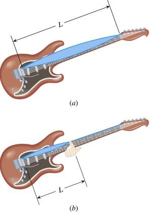 Example 4. Playing a Guitar The heaviest string on an electric guitar has a linear density of m/l = 5.28 10 3 kg/m and is stretched with a tension of F = 226 N.
