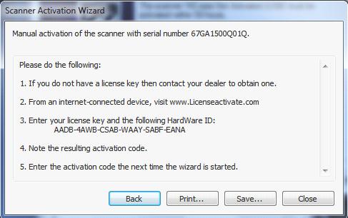 To produce an activation code, you will need your license key and the scanner s ID which is a serial number or hardware ID.