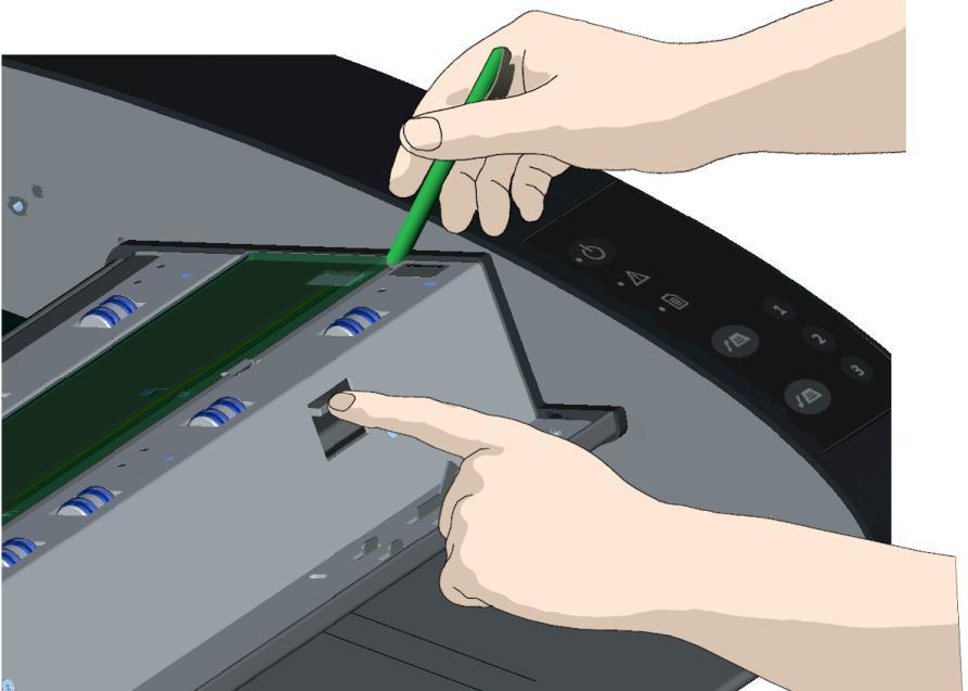Maintenance 48 5 Detaching the glass plate free the 1 st latch Stand at the front of the scanner. You start at the scanner s right side. 1. Detaching the first (rightmost) latch requires a sharp, flat tool such as a pen or a small screwdriver.