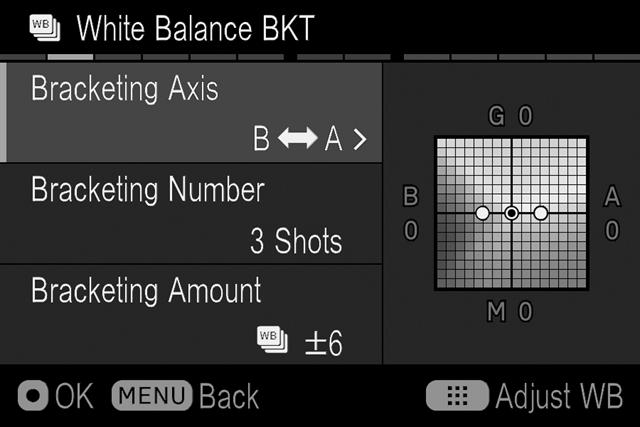 Open the sub menu by pressing the button or the button. 3 Bracketing Axis Bracketing Number Bracketing Amount Select a desired value with the button or the button.
